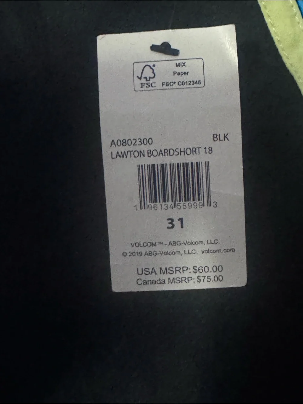 Volcom Black Boardshorts with Blue & Lime Side Stripes